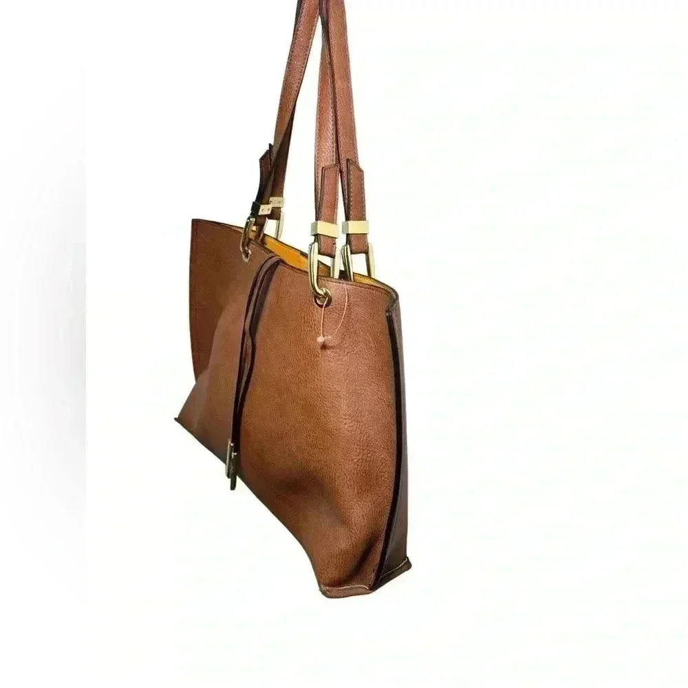 Steve Madden Brown Faux Leather Tote Bag Large Shoulder Purse Gold Hardware - Picture 4 of 15